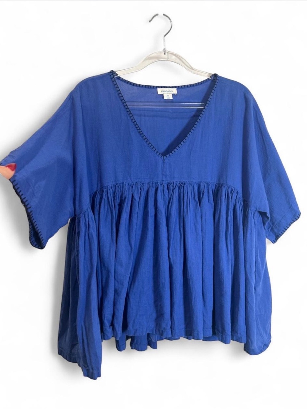 Sundance Babydoll Top Blue Short Sleeve V Neck Cotton Boho Women XS Flowy Folk